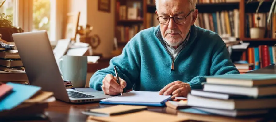 An experienced senior male writing notes at his desk