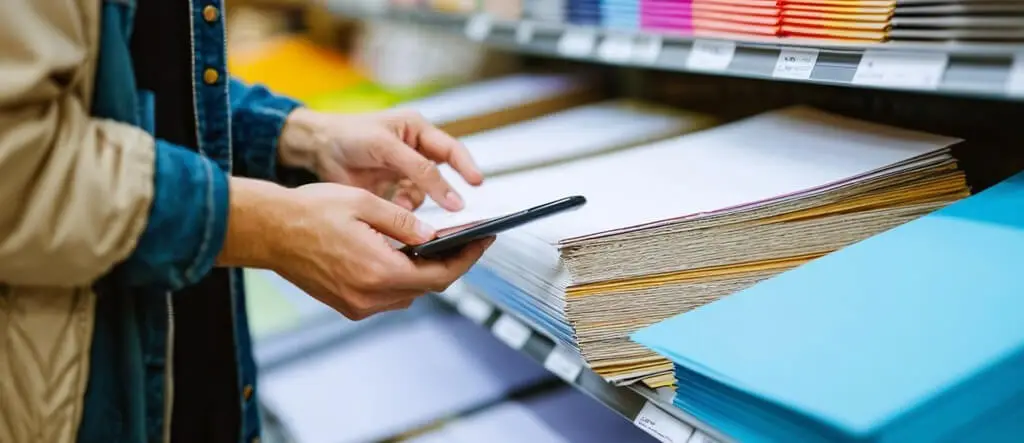 A man picking a sheet of paper from a shelf, representing the choice of paper for printables.