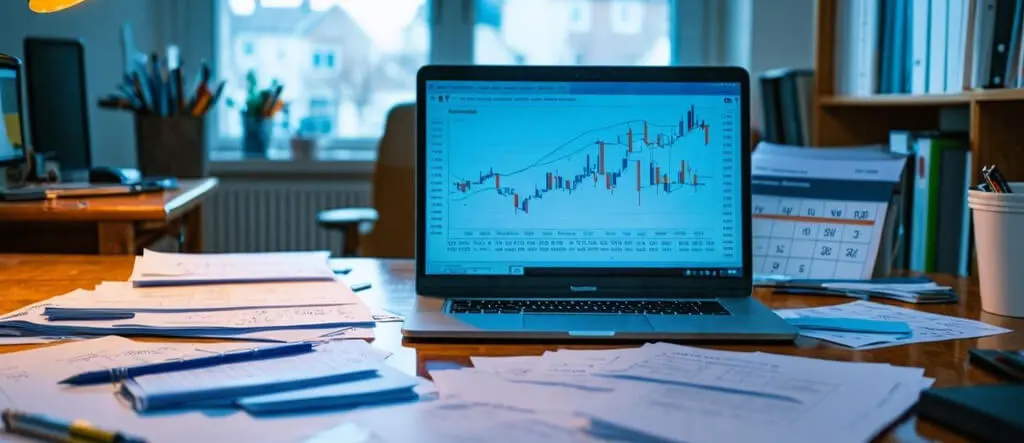 Open laptop with papers scattered on a desk