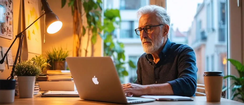 An elderly man sitting at a desk with an open laptop, creating a business plan for his senior startup.