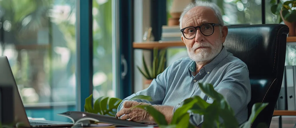 Senior male sitting at an office desk