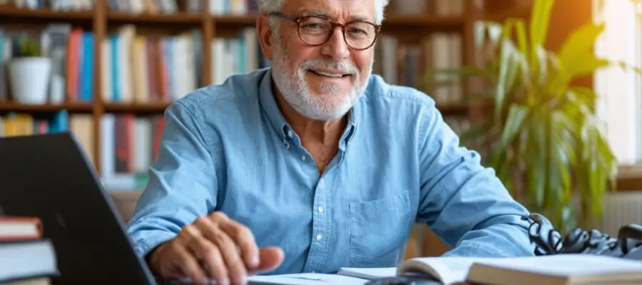 A senior male working at a desk with a laptop and paperwork