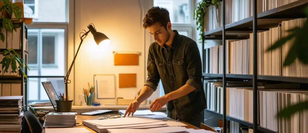 A man sorting various sheets of paper on a desk, illustrating the organization and selection process for printables.