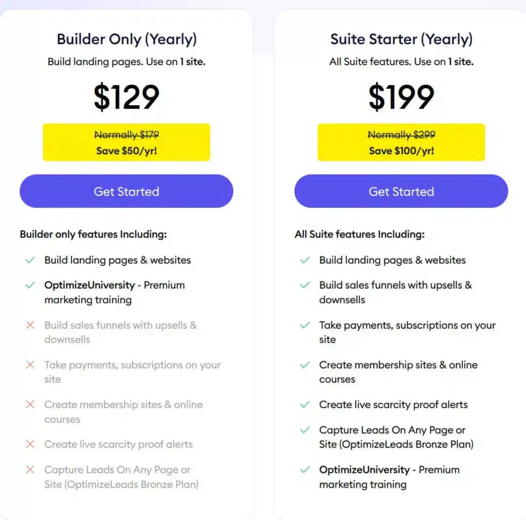 OptimizePress Pricing Plan for Builder Only and Starter Plus