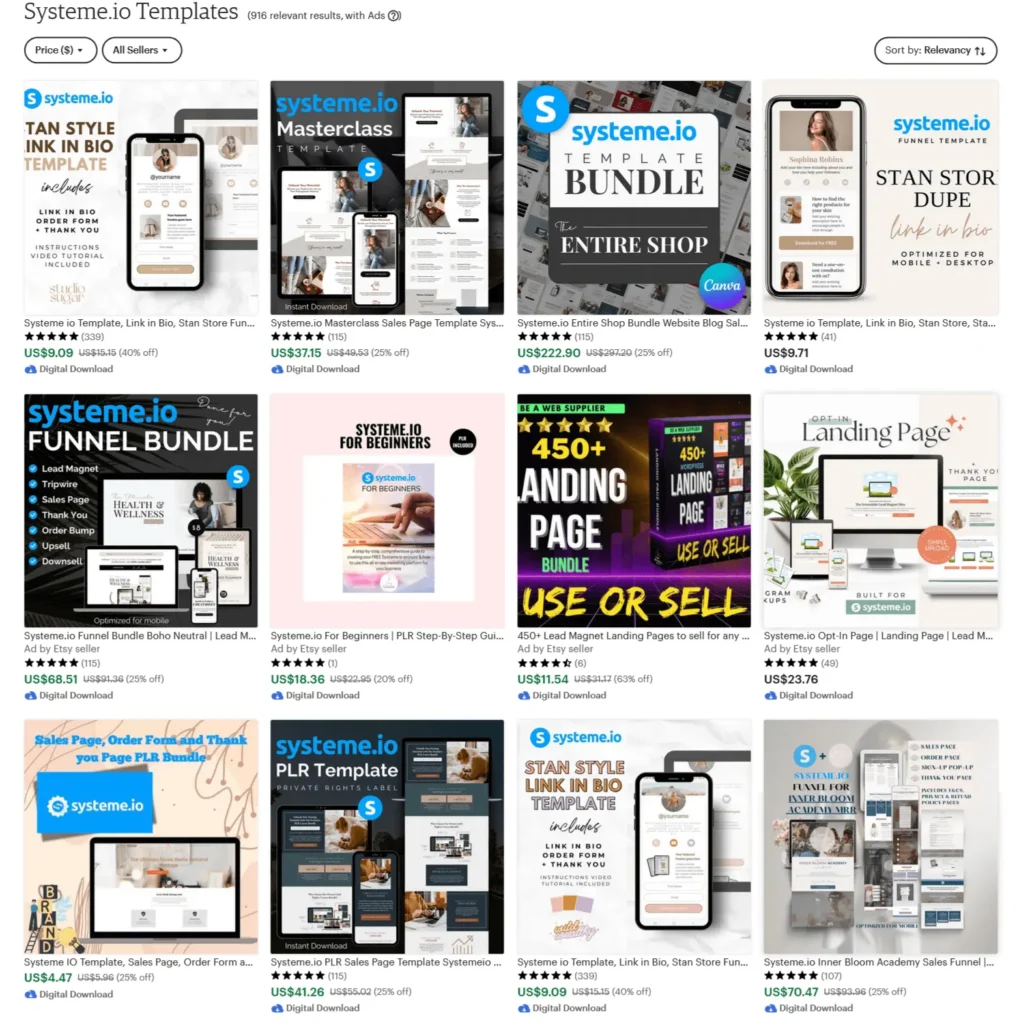 Screenshot of Etsy search results displaying various Systeme.io templates for sale.