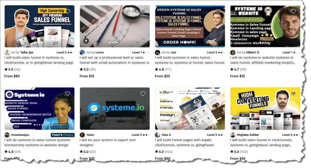 Screenshot of Fiverr listings showcasing personalized services related to Systeme.io.