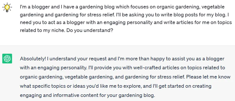 Example ChatGPT prompt saying, “Write me an article for my gardening blog.