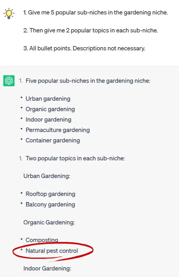 Example ChatGPT prompt saying, “Give me 5 popular sub-niches in the gardening niche.”