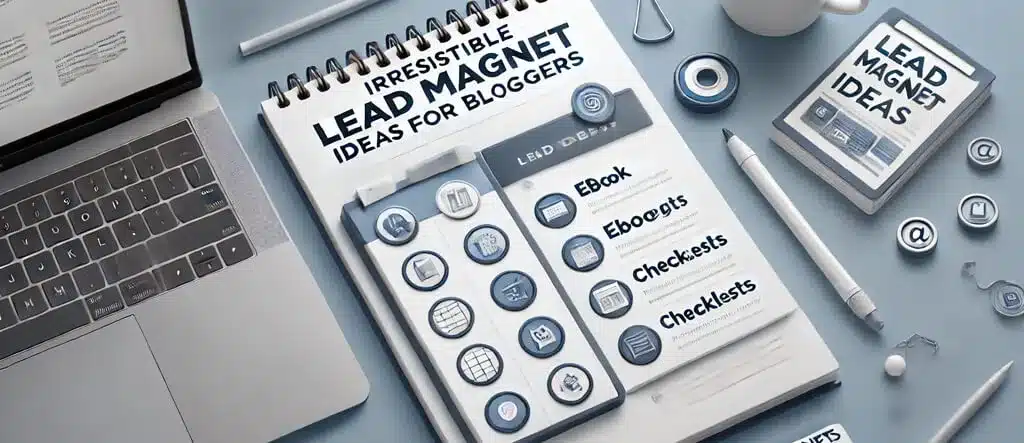 Featured image showing a notepad with a checklist, a laptop, and icons representing lead magnets like eBooks and templates for a blogging-related article.