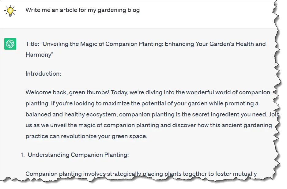 Example ChatGPT prompt saying, “Write me an article for my gardening blog.