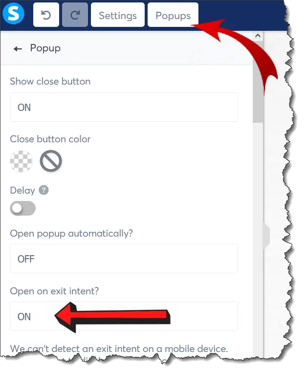 Instructions for clicking 'edit pop up settings' and enabling exit intent in Systeme.io.