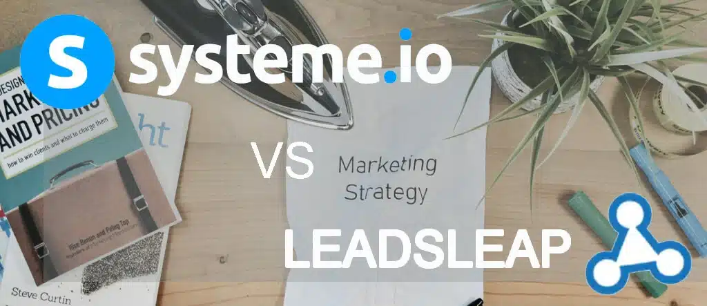 Computer screen displaying Systeme.io and LeadsLeap logos side by side, representing a comparison of marketing platforms.