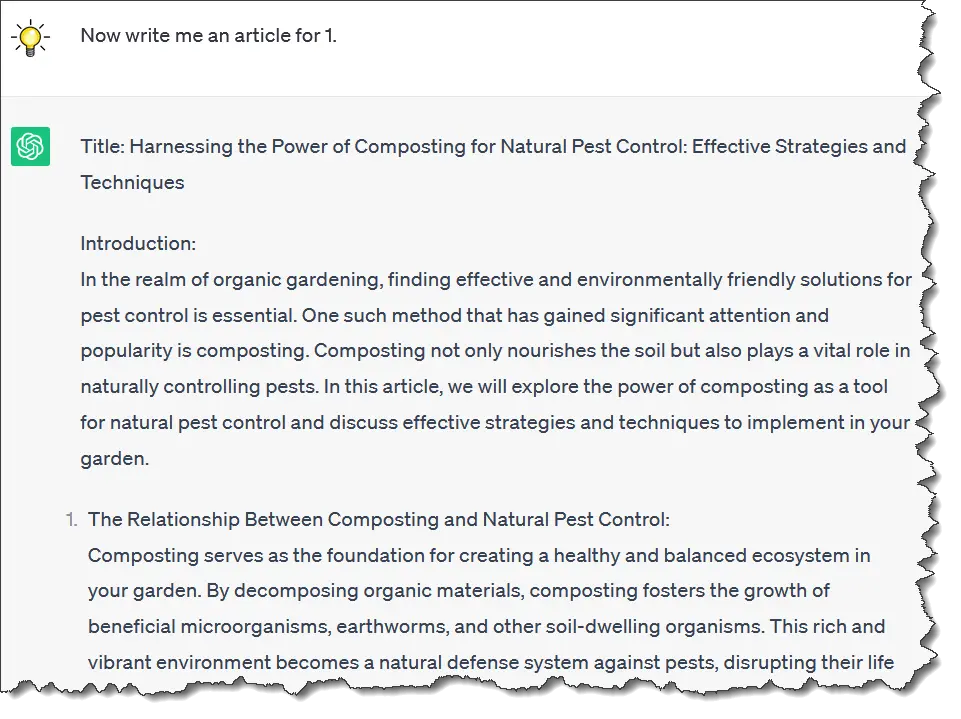 Example ChatGPT prompt saying, “Now write me an article for 1.