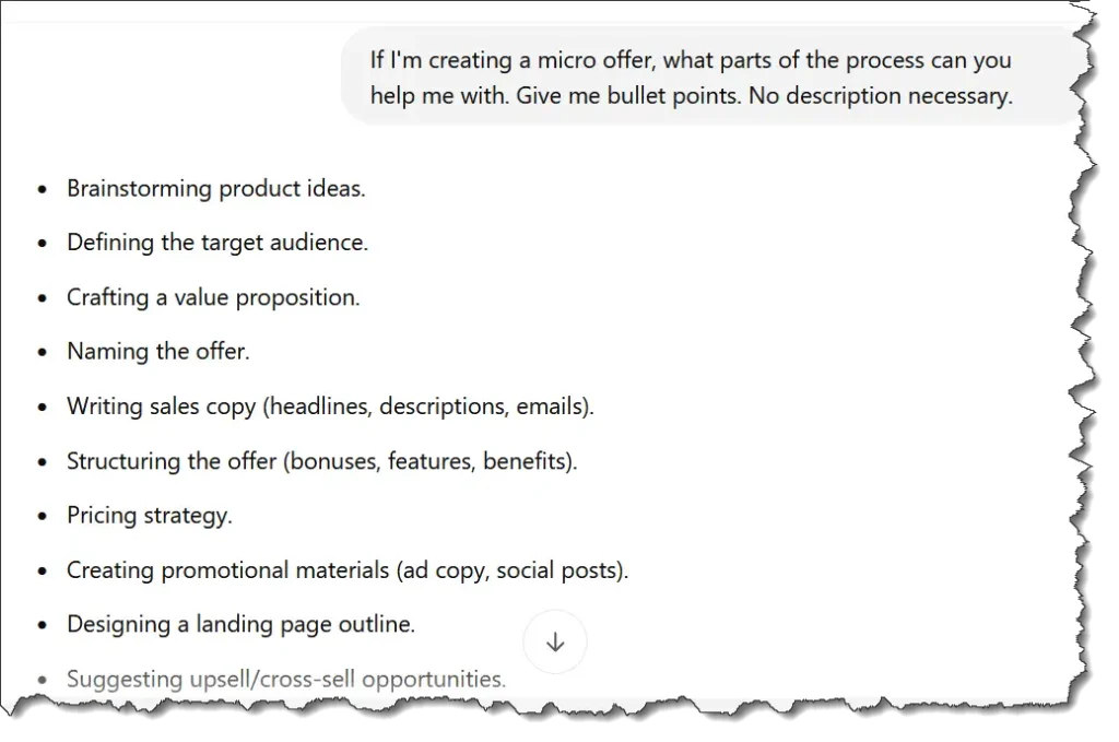 Screenshot of a ChatGPT prompt asking for bullet points on how to create a micro offer, and ChatGPT's detailed response outlining each step of the process.