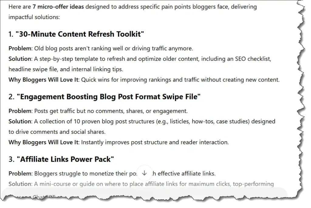 Screenshot of a ChatGPT prompt asking for 7 micro offer ideas for bloggers and ChatGPT's response, showcasing actionable solutions for common blogging challenges.