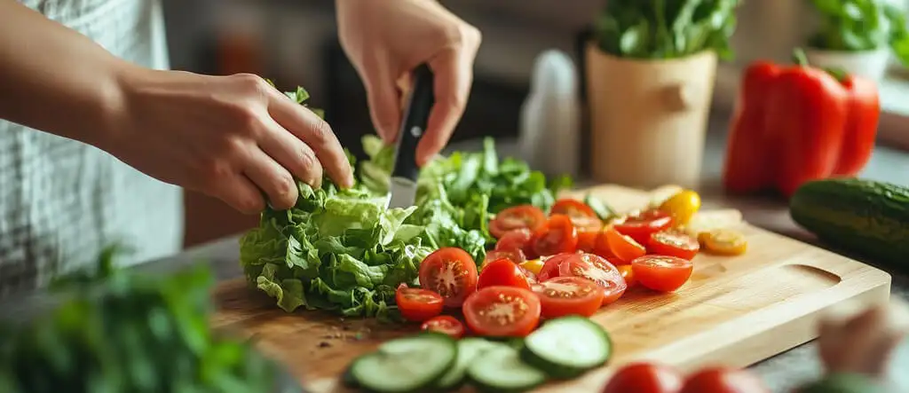 Person chopping colorful vegetables on a cutting board as part of a healthy cooking routine.