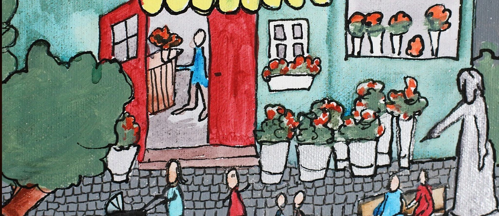 Hand-drawn illustration of a cozy florist shop with blooming flowers displayed in pots featuring a rustic storefront and vibrant greenery