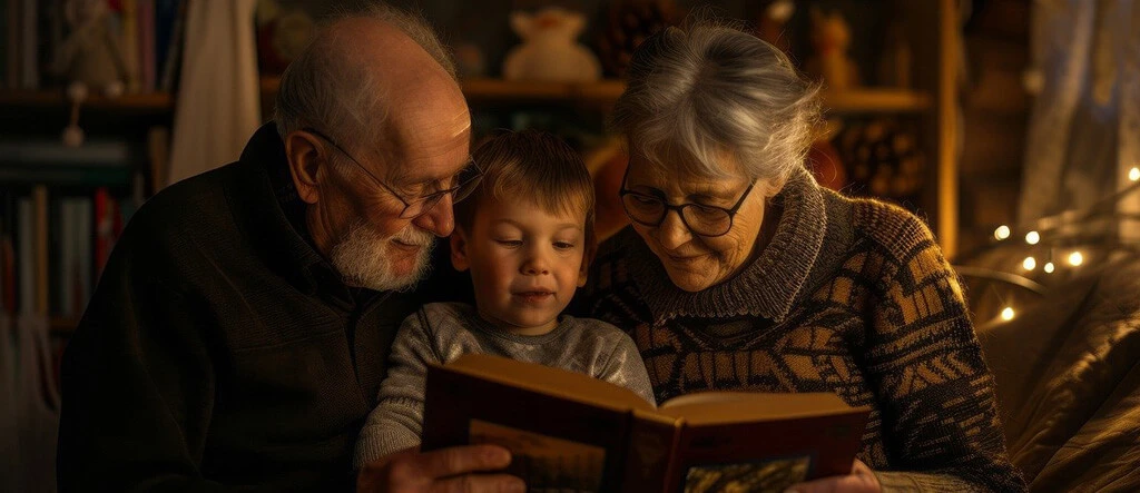 A cheerful moment with grandparents sitting on a couch and playing with their grandchild, showcasing the joy of family time and flexible schedules