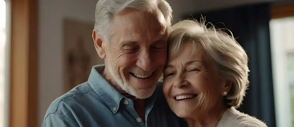 A joyful senior man and woman hugging each other and smiling warmly, showcasing love, happiness, and companionship in later years.