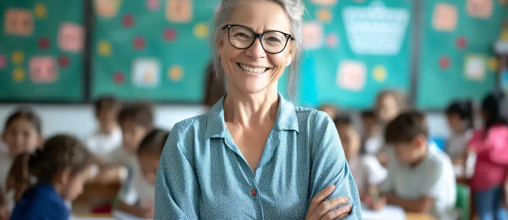 A woman standing confidently in front of her students, with the students blurred in the background, symbolizing focus on the teacher and education.