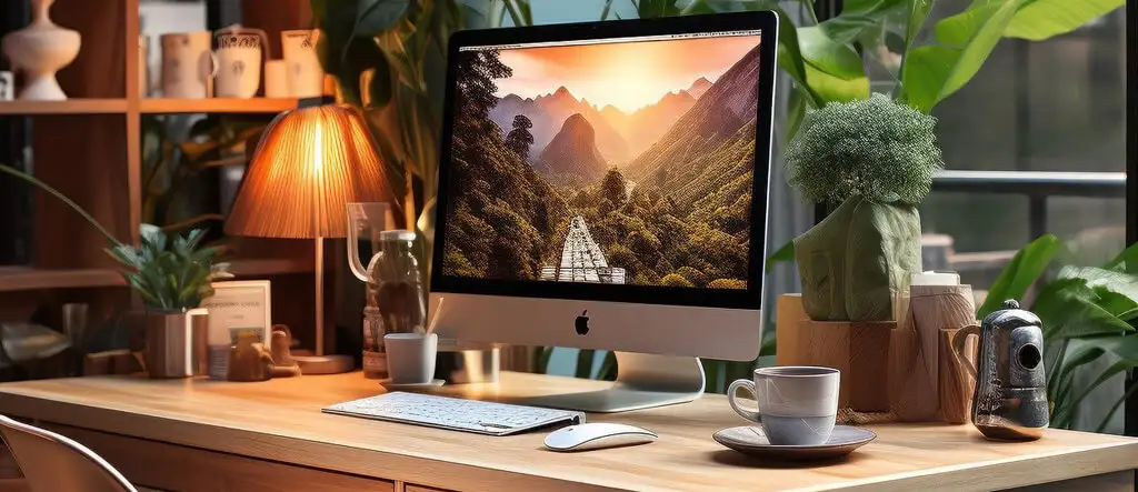 A clean and organized desk setup featuring a keyboard, monitor, plants, and a light, ideal for a professional and comfortable workspace.