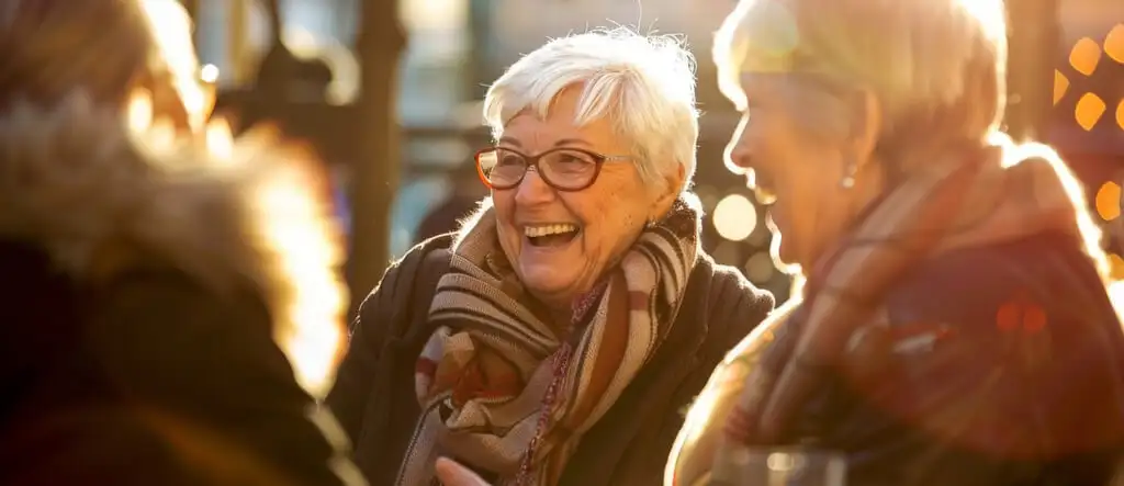 A group of seniors standing together, smiling and talking casually, enjoying social interaction and staying connected with each other.