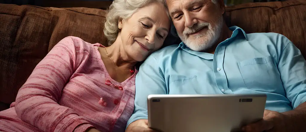 A senior man and woman working together at a home workspace, with the man typing on a laptop and the woman holding a cup of coffee, smiling at the screen, set in a cozy and well-lit environment.