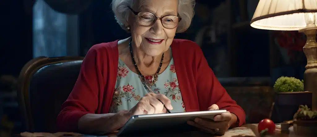 An elderly woman smiling as she uses a tablet, representing online business ideas for seniors and the ease of working from home.