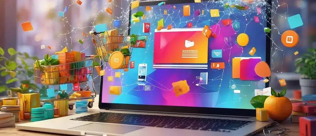 Illustration of a laptop with social media icons like Facebook, Instagram, and Twitter bursting from the screen, symbolizing online connectivity and marketing.