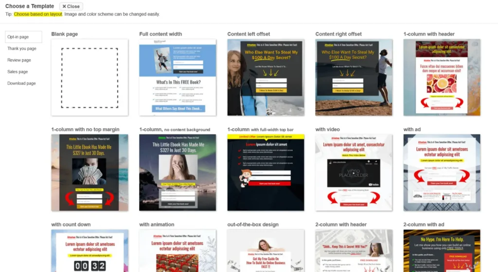 Screenshot displaying various landing page templates available in the LeadsLeap platform.