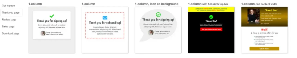 Screenshot displaying various thank you page templates available in the LeadsLeap platform.