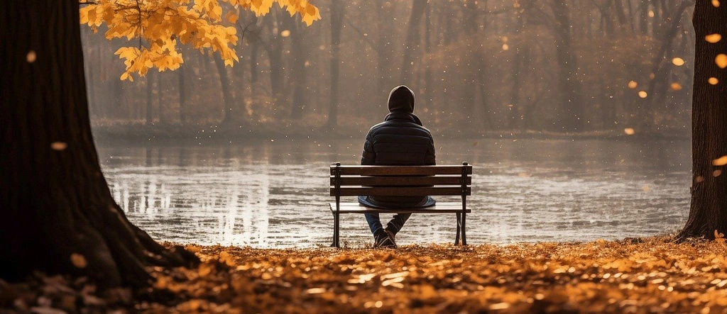 A man sitting alone on a park bench, reflecting the feelings of isolation and loneliness often faced by freelancers working from home.