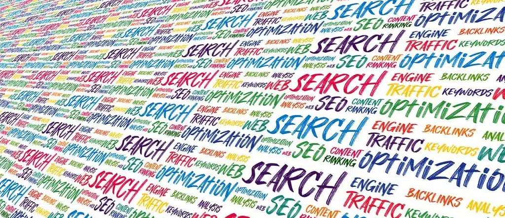 A keyword cloud featuring words like search, optimization, traffic, and backlinks, representing SEO concepts and strategies for niche sites.