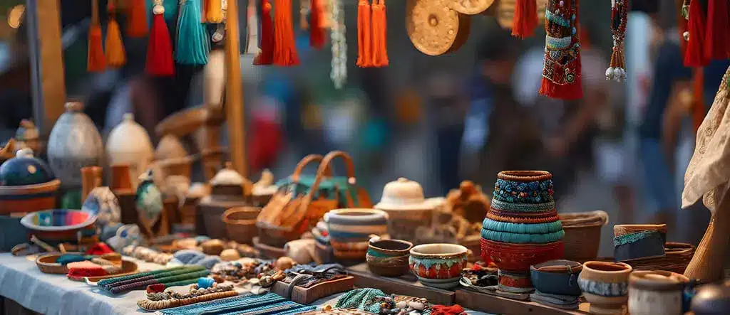 A market stall table filled with handmade crafts, showcasing unique items ready for sale at a local market.